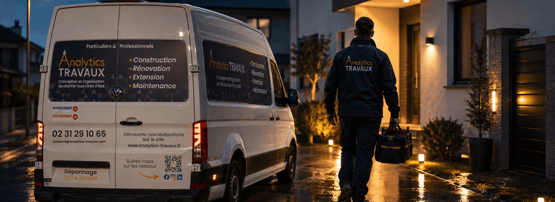 Artisan Analytics TRAVAUX arrivant de nuit avec sa mallette à outils pour un dépannage d'urgence à domicile