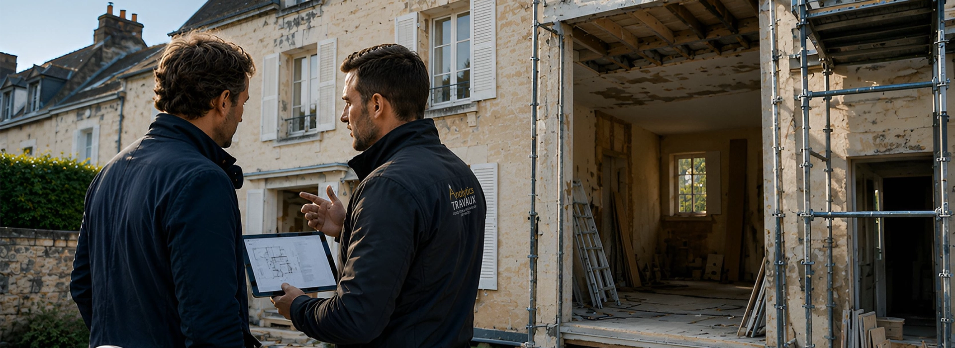 Chantier de rénovation d'une maison de maître : Discussion entre investisseur et expert en bâtiment Calvados