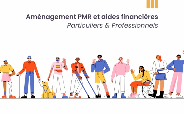 Illustration représentant différents types de handicaps (mobilité réduite, fauteuil roulant, canne, malvoyance) accompagnée du titre « Aménagement PMR et aides financières : Adapter son logement dans le Calvados et la Manche ».