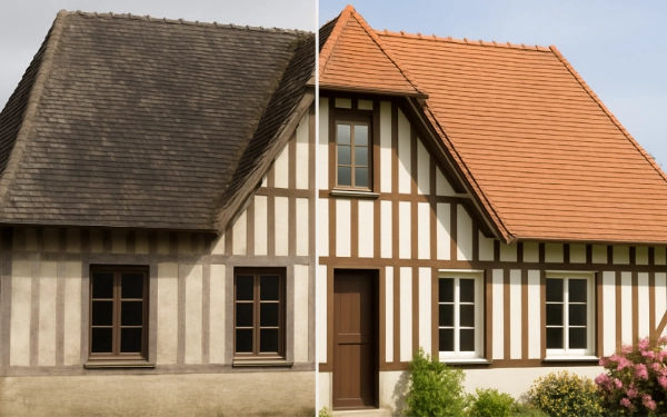 Maison normande avant et après travaux extérieurs, moitié hiver moitié printemps, façade et toiture rénovées, Caen Normandie.