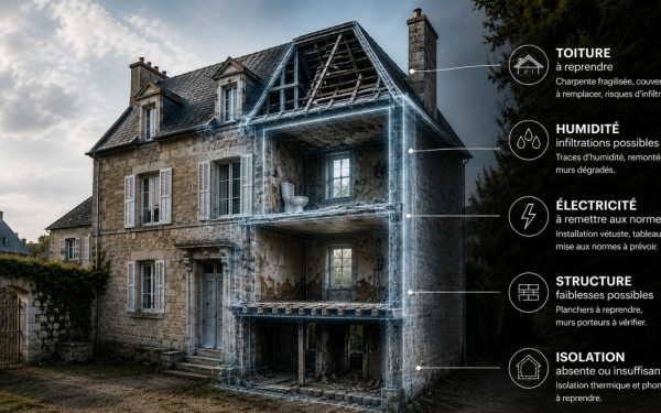 Maison à rénover avec moitié transparente laissant apparaître des travaux potentiels