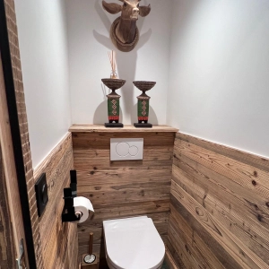 WC rénovés avec WC suspendu, soubassement en bois, décoration de montagne