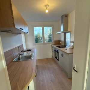 Rénovation de la cuisine aménagée et équipée sur mesure. Plan de travail en bois, hotte et évier en inox