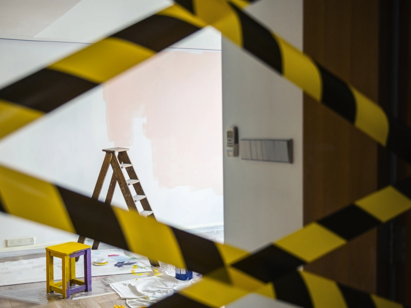 Chantier en cours de rénovation intérieure, rubalise jaune et noire au premier plan
