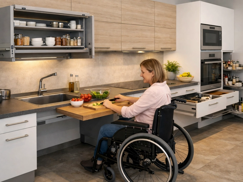 Femme en fauteuil roulant en train de cuisiner dans une cuisine adaptée à son handicap