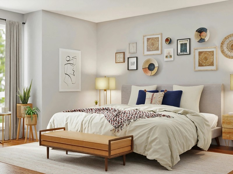 Chambre aménagée et confortable avec des matériaux naturels