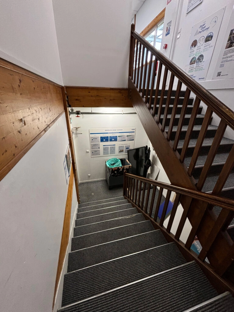 Avant travaux : escalier avec marches recouvertes de moquette et rampe peinte en marron foncé