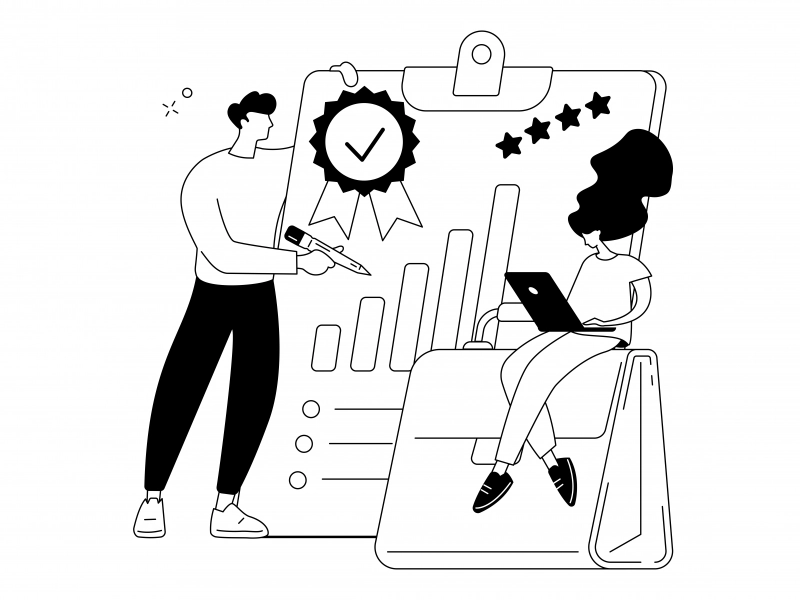 Illustration de personnes évaluant un document et prenant des notes sur ordinateur