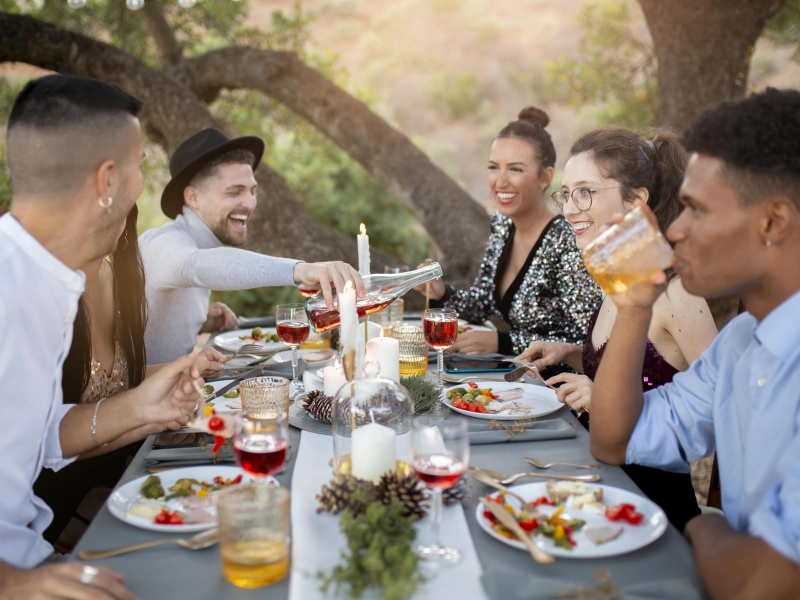 Repas convivial en extérieur, espace aménagé dans le jardin, à l'ombre d'un arbre
