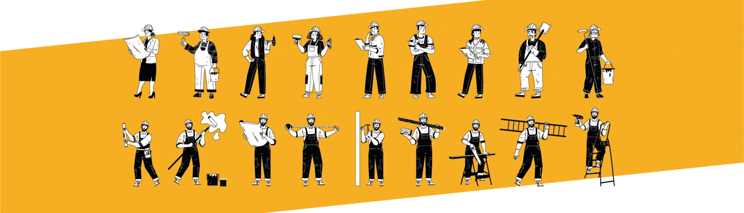 Personnages illustrés représentant chacun un métier ou activité du BTP