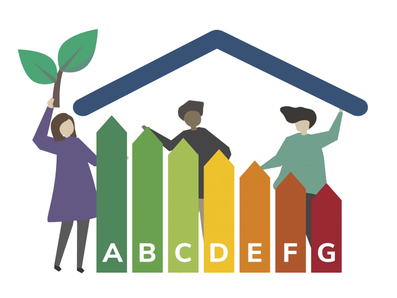 Echelle de notation de A à G d'un diagnostique thermique. Illustration comprenant les différentes notes abritées par un toit et accompagnée de 3 personnages