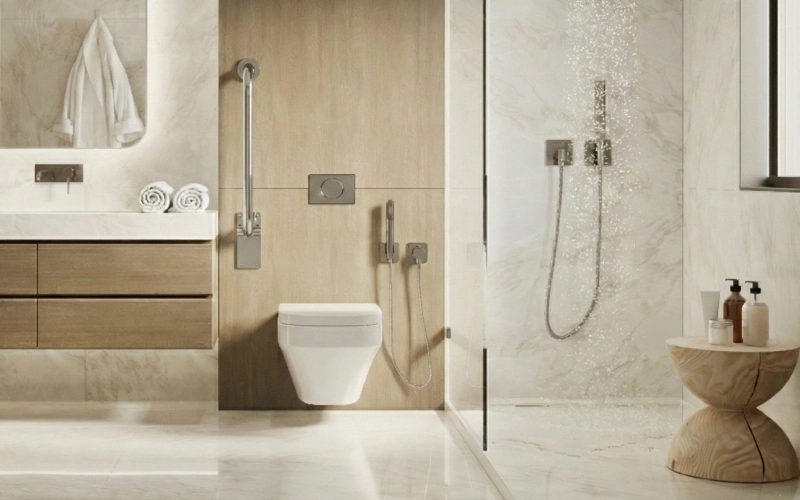 Salle de bain aménagée pour personne à mobilité réduite (PMR)